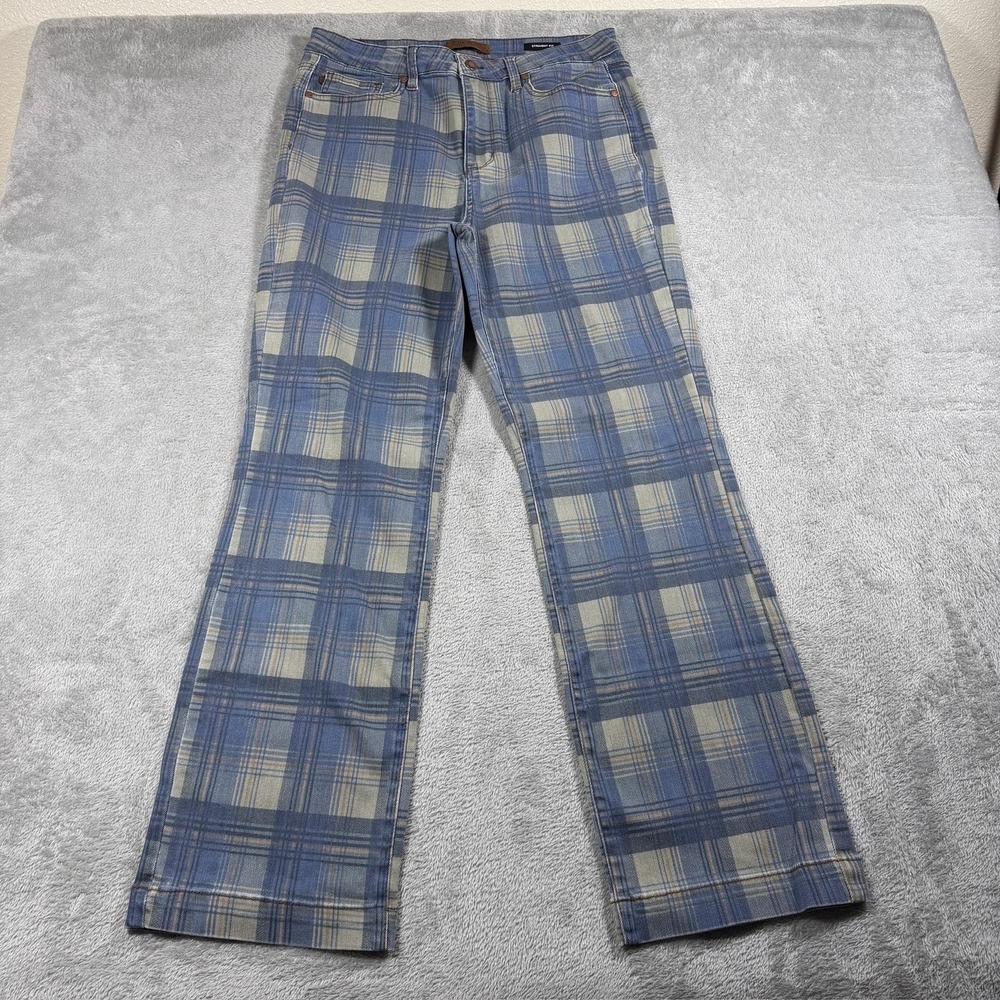 Judy Blue Jeans Womens 15/32 Blue Plaid Denim Straight Fit High Rise JB88697